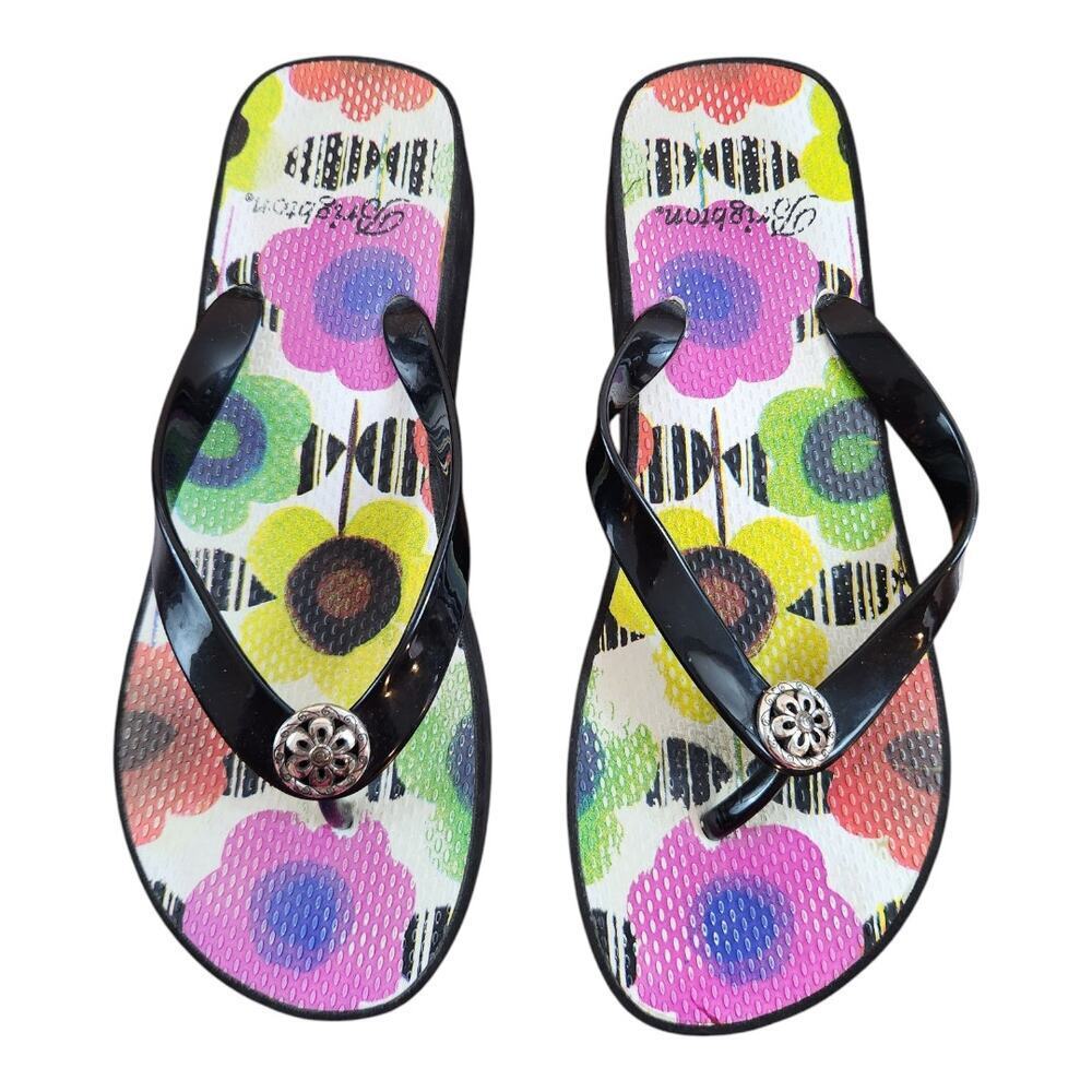 Brighton Flip flop sandals womens sz 8 black floral silver embellishment